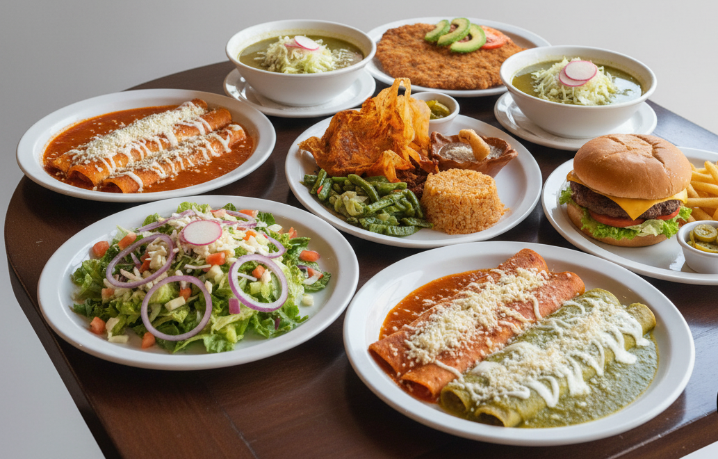 Mesa con enchiladas, pozole y otros platillos del material de El Rincón Mexica